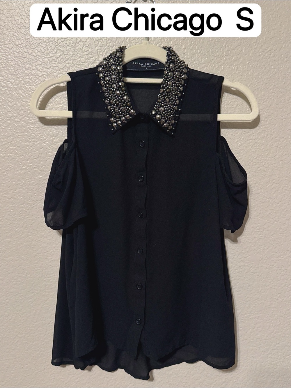 Akira Chicago Black Cold Shoulder Embellished Collar Blouse
